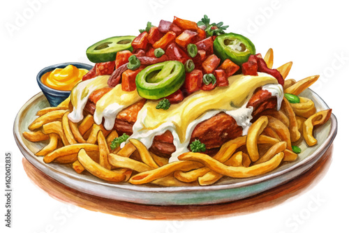 A loaded plate of chili cheese fries with jalapeños, sour cream, and cheddar, vector banner illustration for diners, food trucks, and fast casual branding
