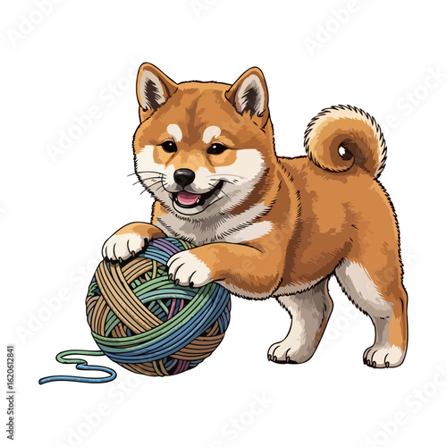 playful shiba inu puppy with colorful yarn ball: adorable vector illustration