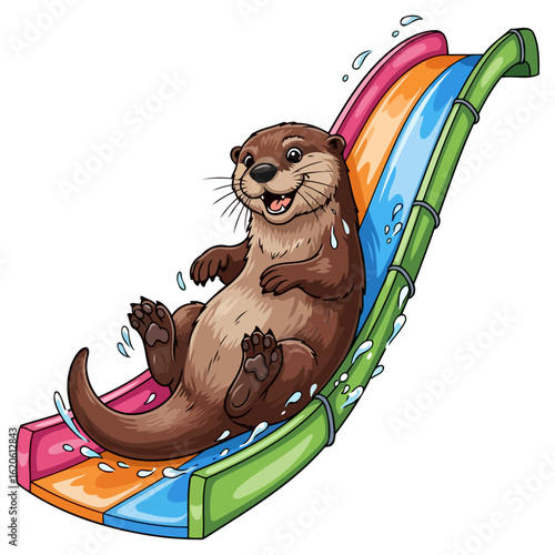 playful otter enjoying a thrilling waterslide descent: a vibrant cartoon illustration