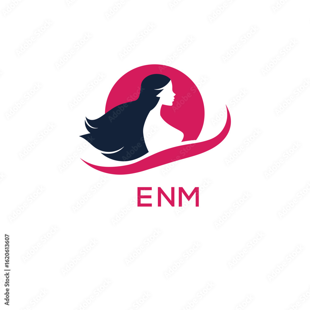 Fototapeta premium ENM Letter Logo. Elegant Woman Silhouette Logo Design for Beauty, Hair Salon, and Cosmetics Branding. 