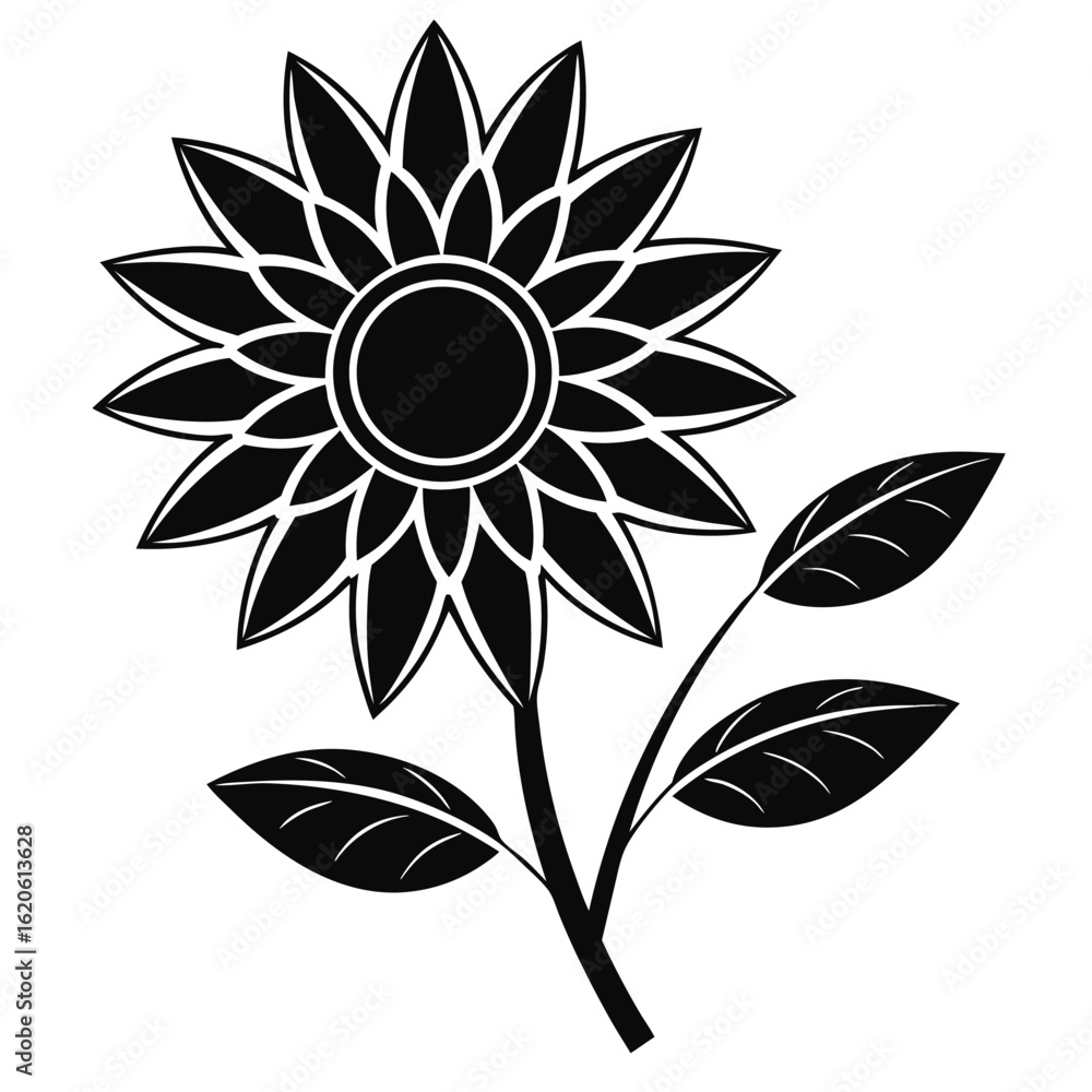 Fototapeta premium Black silhouette of a sunflower with leaves on a white background icon