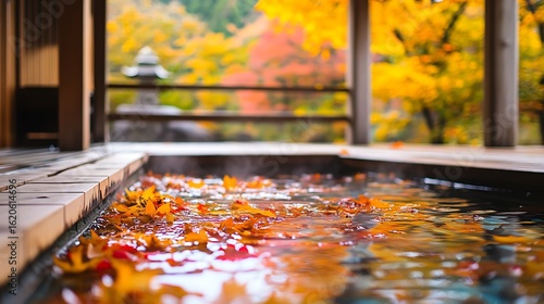 Vibrant autumn leaves floating on a warm onsen