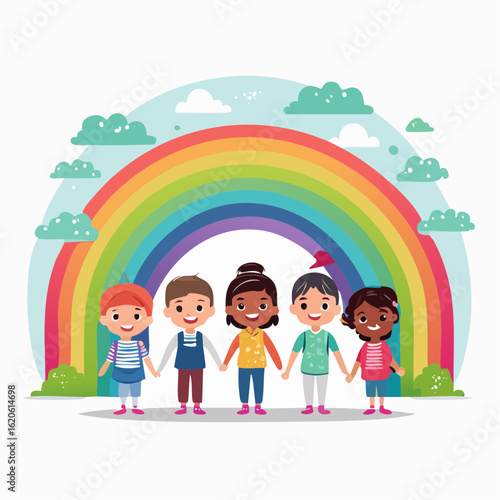 Verspieltes Kinderschutz-Logo mit freundlichen Kinderfiguren unter Regenbogen