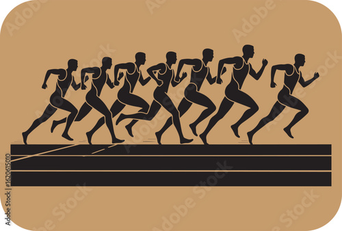 Dynamic silhouette of track athletes in full stride competing on a race track