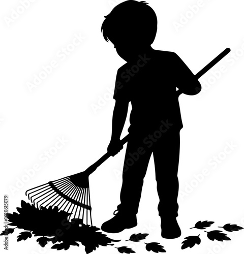silhouette vector of a young boy raking autumn leaves