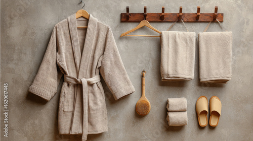 Bathrobe and towel set hanging on a wall-mounted hook, perfect for home or spa mockups