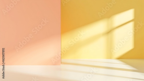 Minimalist empty room corner with peach and warm yellow walls illuminated by bright sunlight shadows