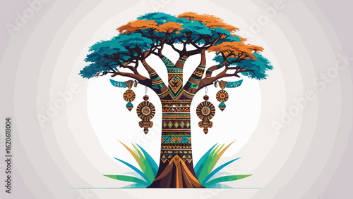 Artistic illustration of a vibrant tree adorned with tribal patterns and hanging ornaments against a soft background
