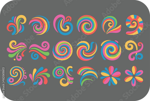 Vibrant swirls and floral motifs a collection of colorful psychedelic decorative elements on a gray background