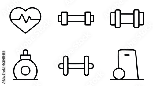 “Fitness and Gym Line Icon Set – Editable Thin Stroke Vector Illustrations of Workout, Cardio, and Equipment” fitness, gym, workout, exercise, health, wellness, training, cardio, bodybuilding

