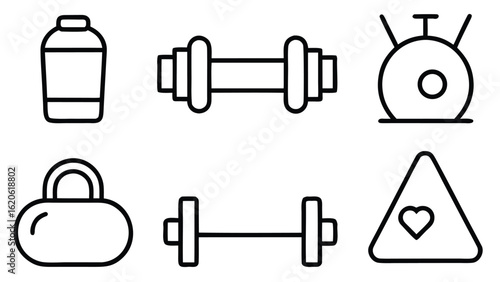“Fitness and Gym Line Icon Set – Editable Thin Stroke Vector Illustrations of Workout, Cardio, and Equipment” fitness, gym, workout, exercise, health, wellness, training, cardio, bodybuilding

