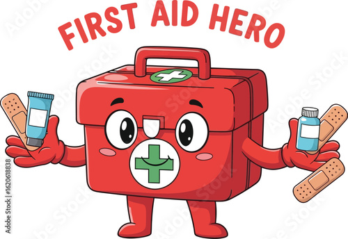 Cheerful First Aid Kit Cartoon Character Holding Medical Supplies Like Bandages and Ointment, Promoting Health and Safety in a Playful and Engaging Way for Children's Education