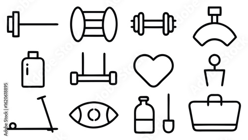 “Fitness and Gym Line Icon Set – Editable Thin Stroke Vector Illustrations of Workout, Cardio, and Equipment” fitness, gym, workout, exercise, health, wellness, training, cardio, bodybuilding

