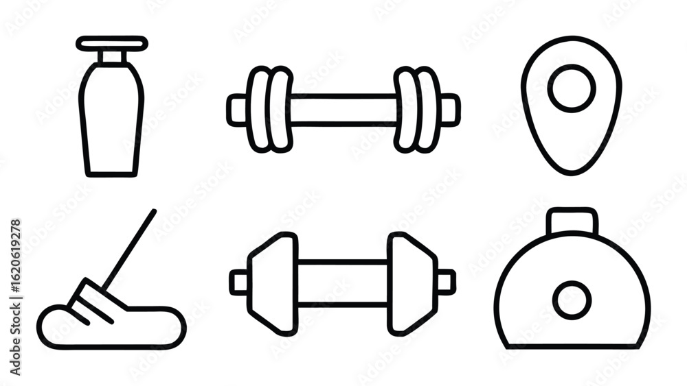 Fototapeta premium “Fitness and Gym Line Icon Set – Editable Thin Stroke Vector Illustrations of Workout, Cardio, and Equipment” fitness, gym, workout, exercise, health, wellness, training, cardio, bodybuilding