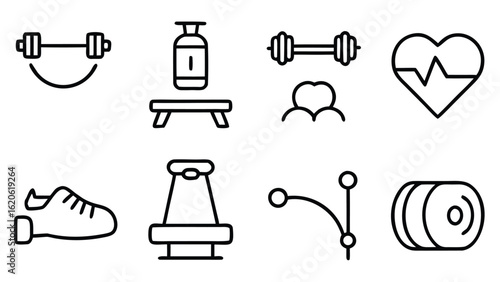 “Fitness and Gym Line Icon Set – Editable Thin Stroke Vector Illustrations of Workout, Cardio, and Equipment” fitness, gym, workout, exercise, health, wellness, training, cardio, bodybuilding

