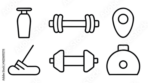 “Fitness and Gym Line Icon Set – Editable Thin Stroke Vector Illustrations of Workout, Cardio, and Equipment” fitness, gym, workout, exercise, health, wellness, training, cardio, bodybuilding

