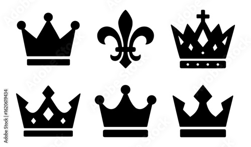 Collection of crowns and fleur de lis symbols in a simple design on transparent background