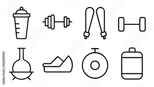 “Fitness and Gym Line Icon Set – Editable Thin Stroke Vector Illustrations of Workout, Cardio, and Equipment” fitness, gym, workout, exercise, health, wellness, training, cardio, bodybuilding

