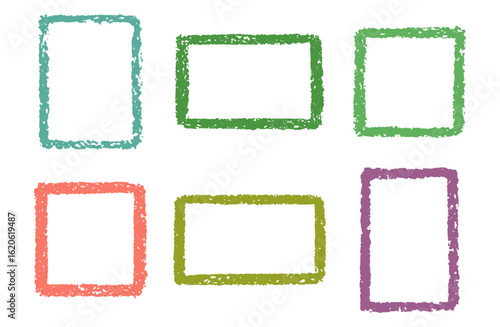 Six hand drawn crayon style frames in various colors on a white sheet on transparent background