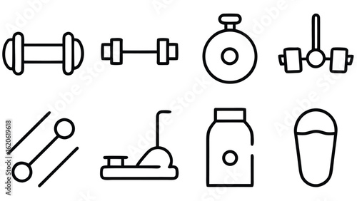 “Fitness and Gym Line Icon Set – Editable Thin Stroke Vector Illustrations of Workout, Cardio, and Equipment” fitness, gym, workout, exercise, health, wellness, training, cardio, bodybuilding

