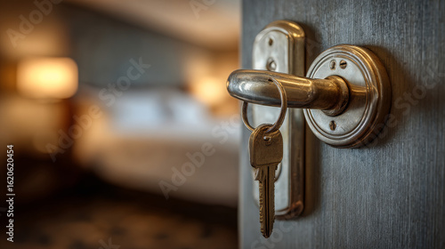 Hotel room door ajar with a key still inserted in the lock, suggesting arrival or departure