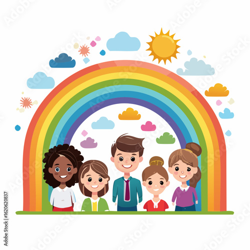 Verspieltes Kinderschutz-Logo mit freundlichen Kinderfiguren unter Regenbogen