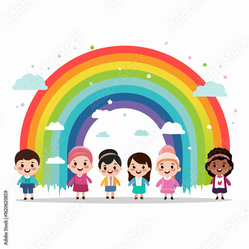 Verspieltes Kinderschutz-Logo mit freundlichen Kinderfiguren unter Regenbogen