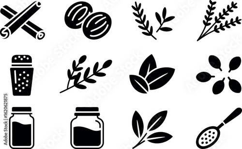 Spice Icons: Black Glyph Style Herb and Seasoning Set