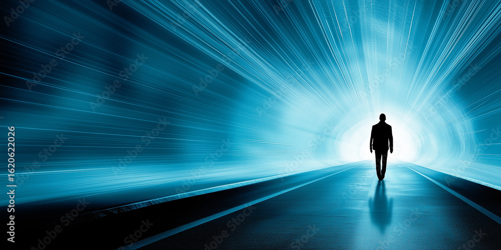 Silhouette of a person walking through a futuristic blue tunnel towards a bright light at the end. Silhouette of a person walking through a futuristic blue tunnel towards a bright light at the end.