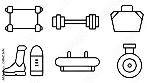 “Fitness and Gym Line Icon Set – Editable Thin Stroke Vector Illustrations of Workout, Cardio, and Equipment” fitness, gym, workout, exercise, health, wellness, training, cardio, bodybuilding

