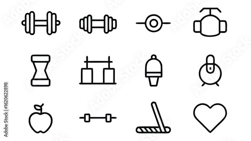 “Fitness and Gym Line Icon Set – Editable Thin Stroke Vector Illustrations of Workout, Cardio, and Equipment” fitness, gym, workout, exercise, health, wellness, training, cardio, bodybuilding

