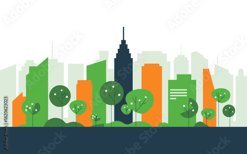 Vibrant Urban Landscape with Modern Architecture and Lush Greenery Flat Design Illustration