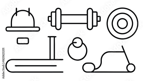 “Fitness and Gym Line Icon Set – Editable Thin Stroke Vector Illustrations of Workout, Cardio, and Equipment” fitness, gym, workout, exercise, health, wellness, training, cardio, bodybuilding

