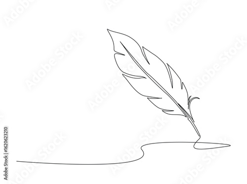 Quill or bird feather pen in single outline illustration. Continuous line art drawing of bird feather.