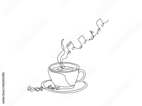 A cup of coffee with music notes in single outline illustration. Continuous line art drawing of cup cofffee with music notes steam.