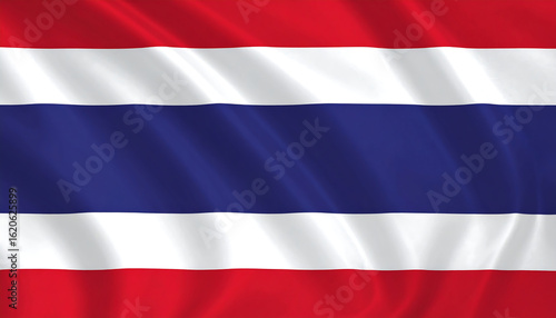 Thailand flag with five horizontal stripes—red, white, central blue—symbolizing nation, religion, and monarchy.