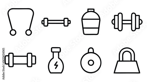 “Fitness and Gym Line Icon Set – Editable Thin Stroke Vector Illustrations of Workout, Cardio, and Equipment” fitness, gym, workout, exercise, health, wellness, training, cardio, bodybuilding


