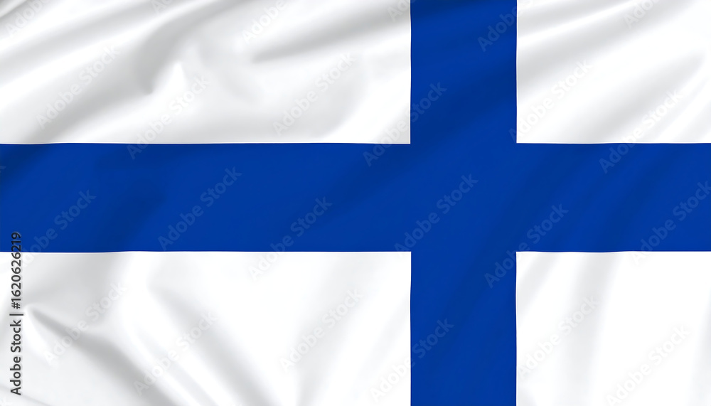 Obraz premium Finland flag with white field and blue Nordic cross shifted toward the hoist, symbolizing purity, lakes, and Scandinavian unity.