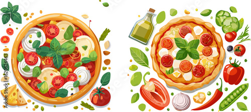 Two delicious pizzas, a Margherita and a pepperoni, are displayed with fresh ingredients like tomatoes, basil, mozzarella, and peppers in a flat lay illustration.