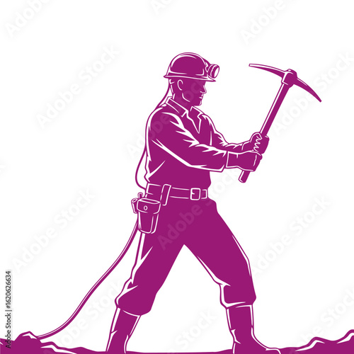 dynamic side profile of a miner swinging a pickaxe, isolated on transparent background
