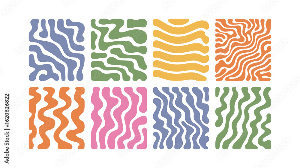 Obraz premium Collection of Eight Abstract Retro Wavy Pattern Tiles in Pastel Colors: Blue, Green, Yellow, Orange, and Pink on White Background