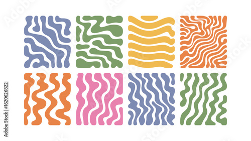 Collection of Eight Abstract Retro Wavy Pattern Tiles in Pastel Colors: Blue, Green, Yellow, Orange, and Pink on White Background