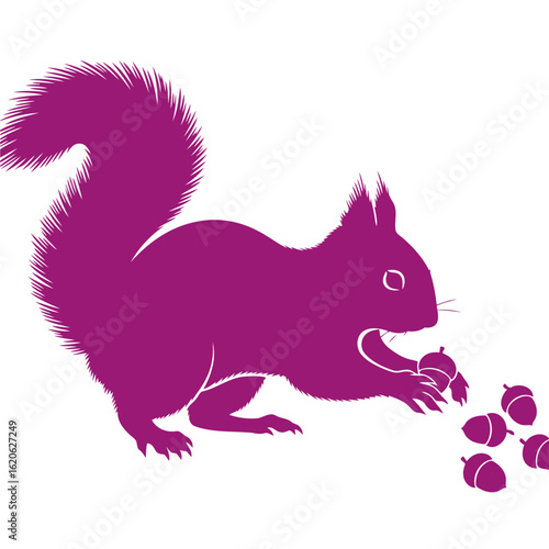 profile view of a purple squirrel gathering acorns, isolated on transparent background