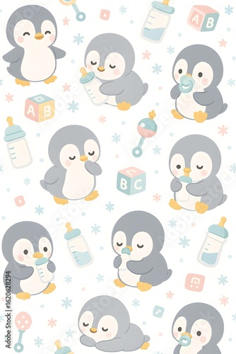 Kawaii Baby Penguin and Toy Pattern – Seamless Pastel Kids Design