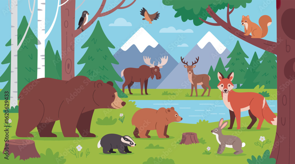 Fototapeta premium Vector illustration of wild animals in a scenic forest landscape with mountains