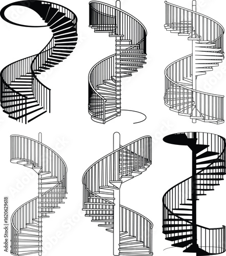 Spiral Staircase Illustration Set, Modern Helical Stairs Design Drawings for Architecture and Interior Design.