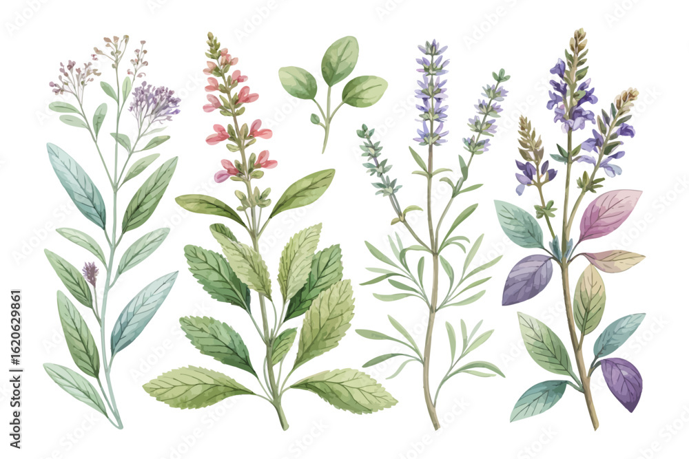 Fototapeta premium set of watercolor Sage vector illustration isolated on white background