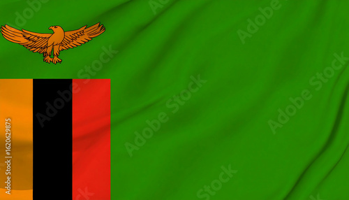 Zambia flag with green field, right-side vertical stripes of red-black-orange, and orange eagle in flight symbolizing freedom, resilience, and rich resources.