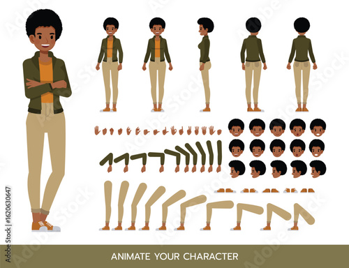 Businesswoman with afro hairstyle wearing green jacket character constructor. Flat design vector kit with poses and emotions for animation and explainer videos.