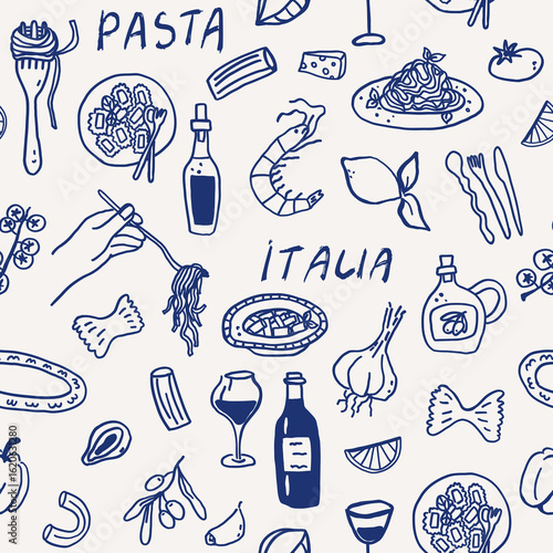 Seamless pattern with whimsical Italian food pasta background. Whimsy coastal mediterranean dinner table party summer sketch. Coquette vector print fabric illustration